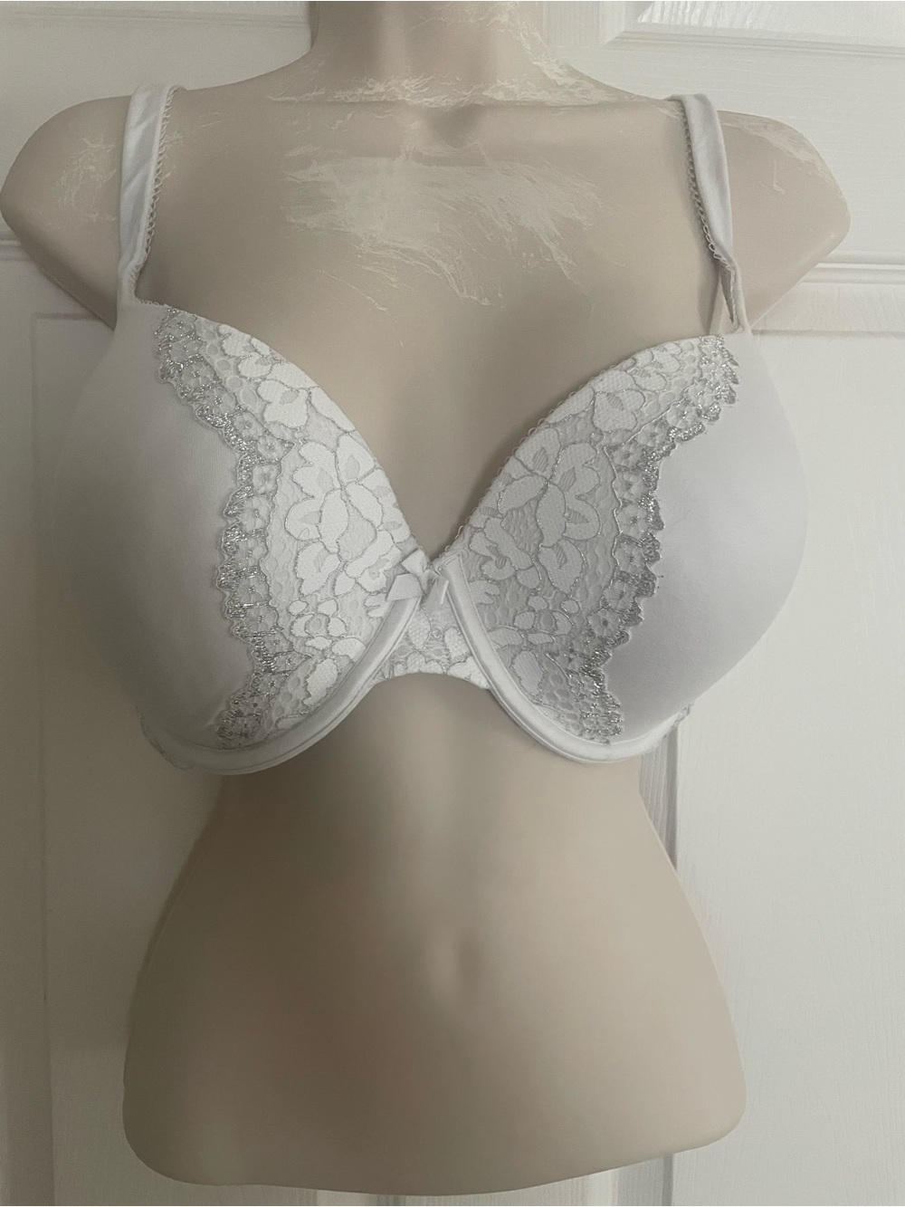 Victoria’s Secret White Perfect Shape Bra with Silver  Lace Accent 38D